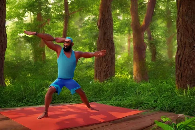 Prompt: lebron james doing yoga in the forest, still from a pixar movie, high quality 3 d render, movie, pixar, renderman, 4 k, artstation
