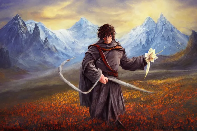 Image similar to concept art, mood painting, environment painting, rohan man holding white flower looking at flower large field autumn october snow capped mountains in background lord of the rings lotr. style of, ryan church, jon mccoy, george hull, painting