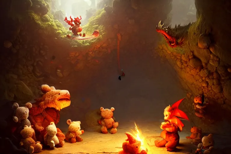 Prompt: a dragon hoarding a pile of teddy bears in a cave, digital art, detailed, soft lighting, cinematic, ultra realistic, art by greg rutkowski, marc simonetti, james gurney