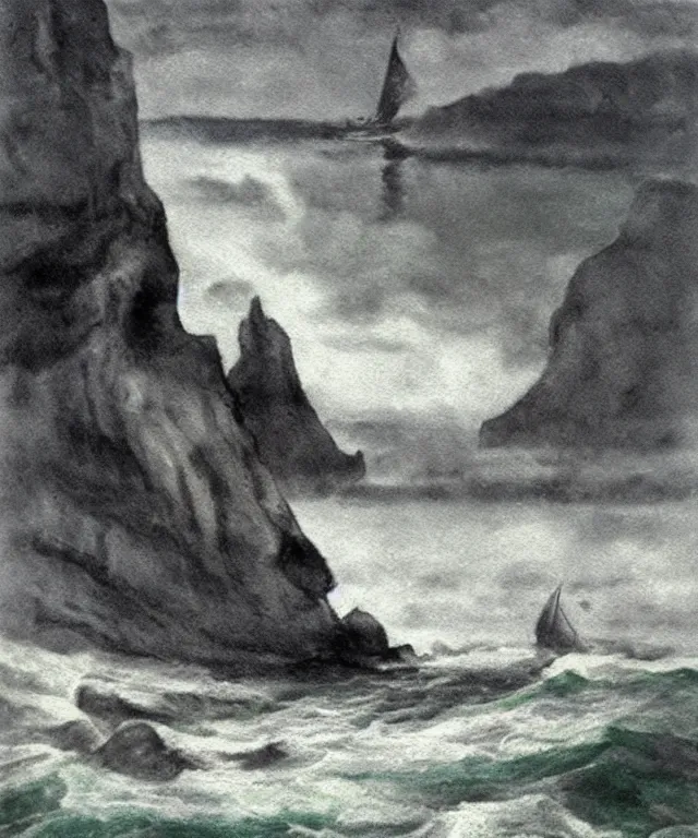 Prompt: photorealistic mixed - media painting of a 1 9 2 5 seiner sailing near a short tropical cliff with the mouth of a sea cave at the waterline, dark, brooding, atmospheric, lovecraft, horror, smooth, epic, highly detailed, cinematic, by emily carr