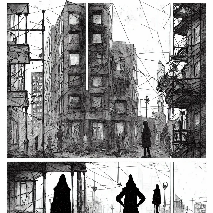 Prompt: storyboard panel : sadie sink in hoodie sits on bench in ruined square, pedestrians walk by, steampunk tenement windows in background. scifi cyberpunk. by gabriel hardman. cinematic atmosphere, detailed and intricate, perfect anatomy