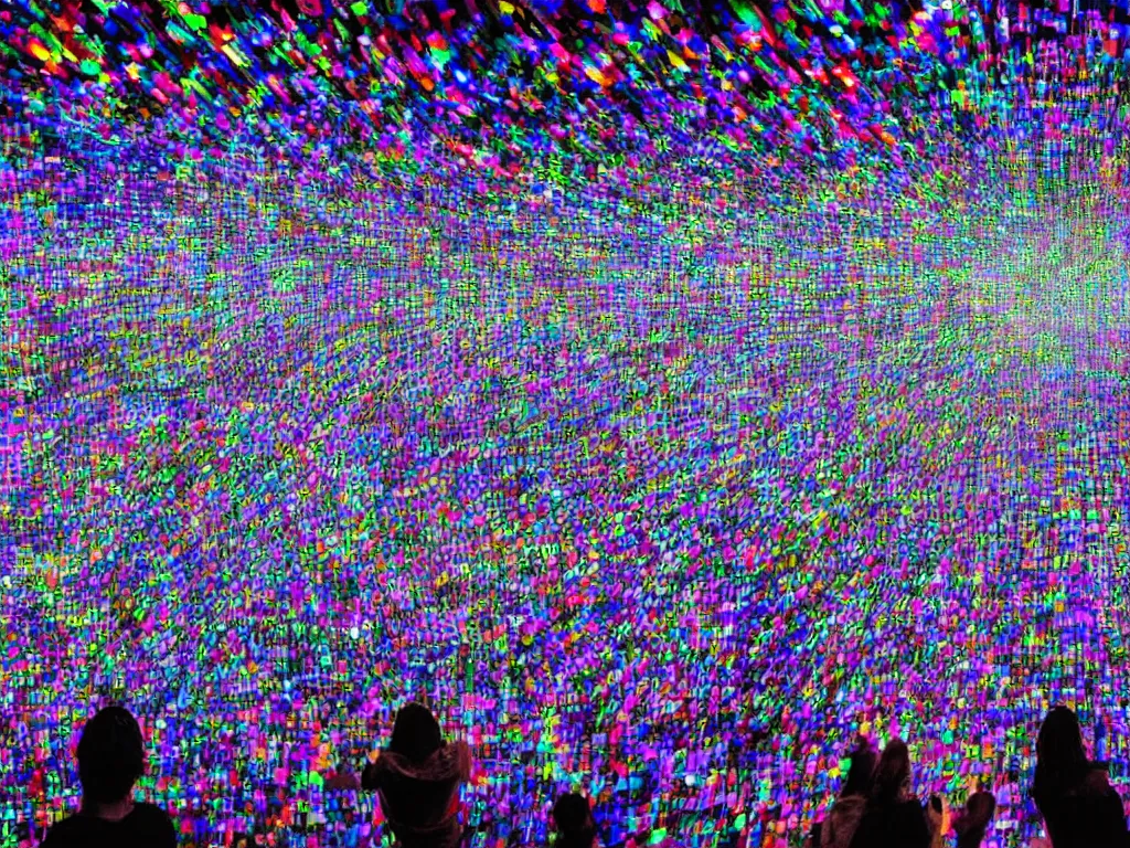 Prompt: group happy humans, many vortexes of overlapping translucent gigantic screens projecting beautiful random images, floating graphics, dripping light drops, hands touching light drops, supercomputers transforming text to images, perfect lighting pixel sorting