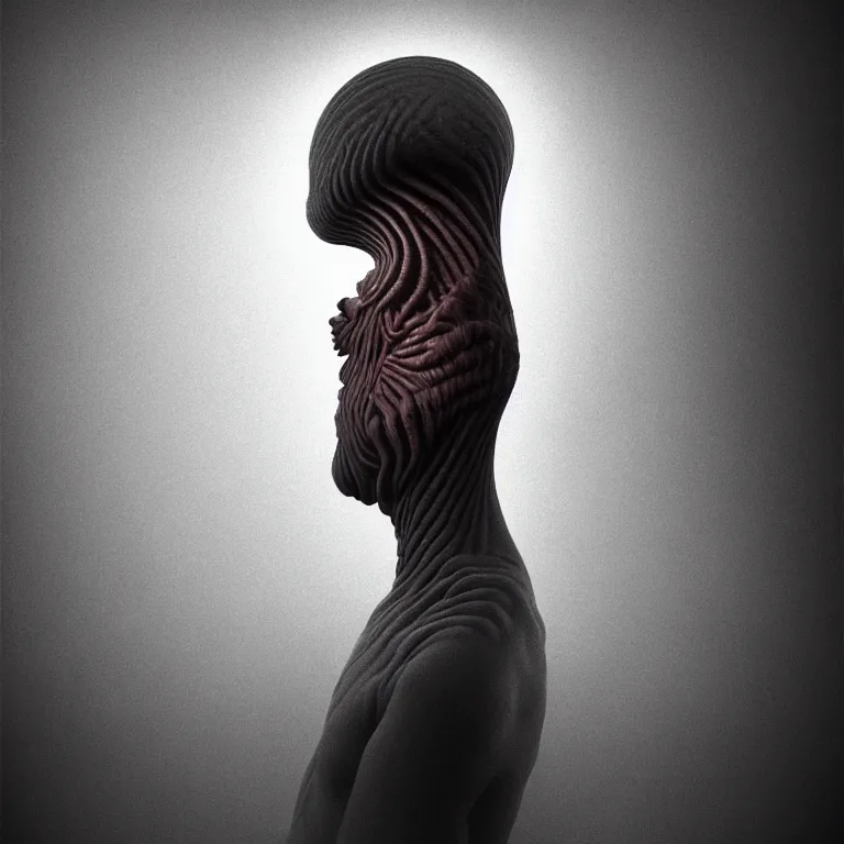 Image similar to surreal portrait of ribbed demon by m c escher, soft grainy bloom lucid dream - like atmosphere, harsh flash photo at night, baroque painting, perfect composition, detailed octane render trending on artstation, 8 k artistic photography, volumetric cinematic perfect light, chiaroscuro, masterpiece, raphael, caravaggio, beksinski, rutkowski, beeple