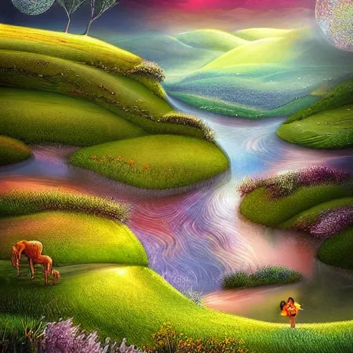 Image similar to A beautiful digital art of of a landscape. It is a stylized and colorful view of an idyllic, dreamlike world with rolling hills, peaceful looking animals, and a flowing river. The scene looks like it could be from another planet, or perhaps a fairy tale. mint, airbrush by Mandy Disher exciting