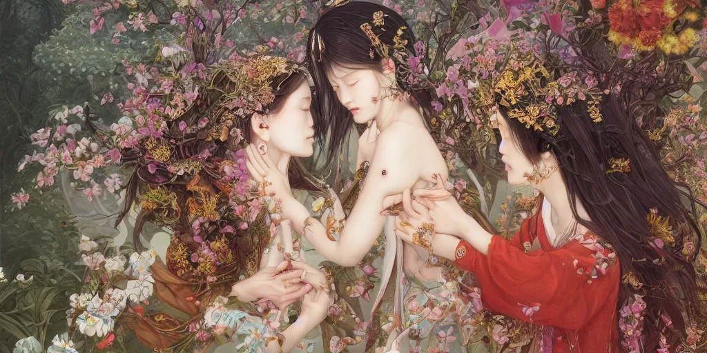 Prompt: breathtaking detailed concept art painting of the kissing goddesses of nempholia flowers, orthodox saint, with anxious, piercing eyes, ornate background, amalgamation of leaves and flowers, by Hsiao-Ron Cheng, James jean, Miho Hirano, Hayao Miyazaki, extremely moody lighting, 8K