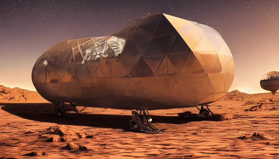 Prompt: professional photograph of a furry gondola car with very huge windows designed by Buckminster Fuller in a picturesque desert on Venus. Astronauts are standing near it, racking focus, depth of field, extreme panoramic, Dynamic Range, HDR, chromatic aberration, Orton effect intricate, elegant, highly detailed, artstation