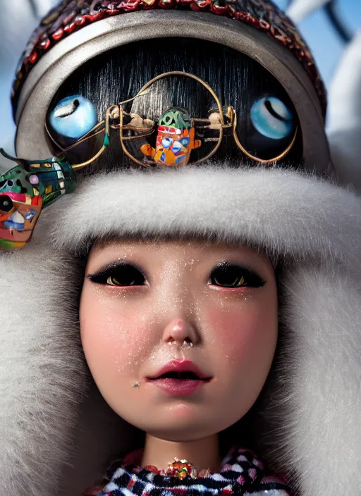 Image similar to closeup profile portrait of tin toy eskimo igloo bikini girl, depth of field, zeiss lens, detailed, symmetrical, centered, fashion photoshoot, by nicoletta ceccoli, mark ryden, lostfish, breathtaking, 8 k resolution, extremely detailed, beautiful, establishing shot, artistic, hyperrealistic, octane render