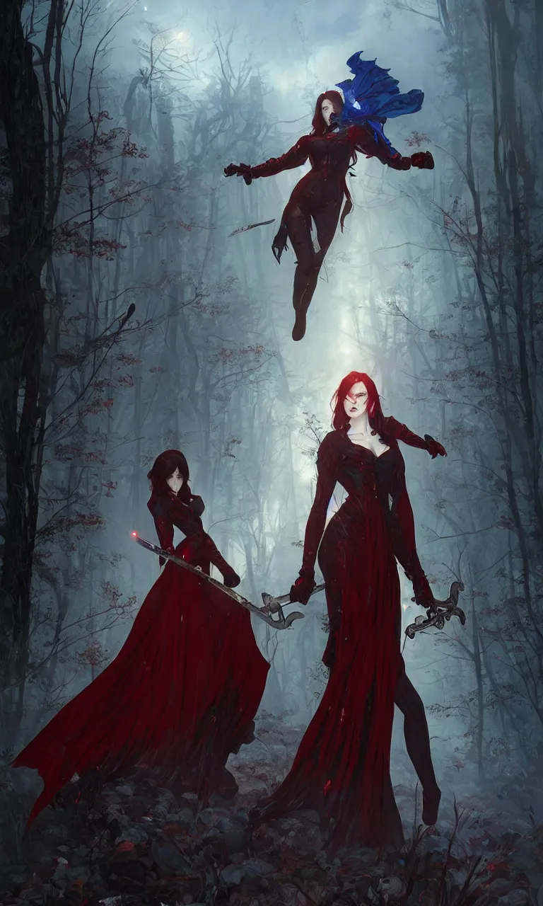 Image similar to full figure, full body, female vampire, pale skin, red jacket, holding a sword wrapped in blue sparkling magic, walking towards the camera, camera pulled back far, detailed illustration, intricate details, surrounded by zombies, 8 k post processing, scary atmospheric lighting, photoshop, art by artgerm and greg rutkowski and alphonse mucha