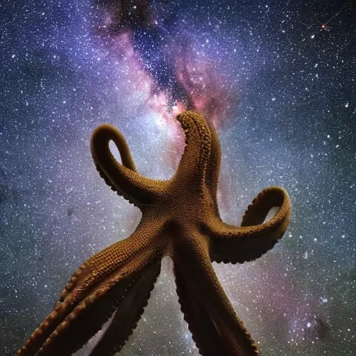 Image similar to a giant octopus god made of stars in floating among the galaxies of the milky way, night sky photography, geo