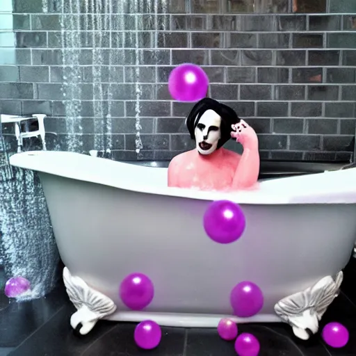 Image similar to marilyn manson taking a bubble bath, rubber ducky on the ledge of the bathtub, pink bubbles floating in the air, farmhouse style bathroom, 4 k,