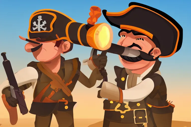 Image similar to masculine man with a pirate hat holds a bazooka, game character design