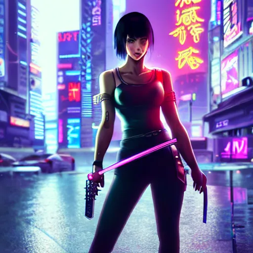 Prompt: beautiful female with katana, short black hair, cyberpunk 2077, city background, rainy night, neon glow concept art, sharp focus, intricate, digital painting, artstation, official media, anime key visual, highly detailed, rich vivid colors ambient lighting, illustration, art by Artgerm, Makoto Shinkai, Ilya Kuvshinov, Lois Van Baarle and Rossdraws