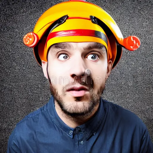 Image similar to man wearing car wheel on head as hat stock photo