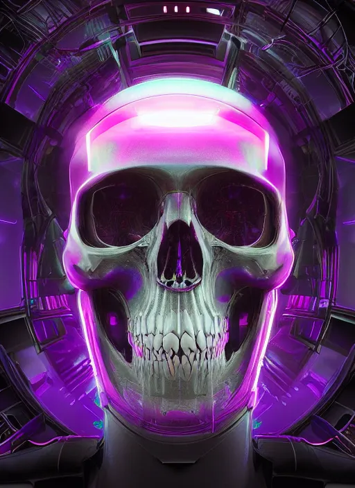 Image similar to a futuristic skull with glowing eyes and a purple background, cyberpunk art by android jones, behance contest winner, computer art, darksynth, synthwave, rendered in cinema 4 d