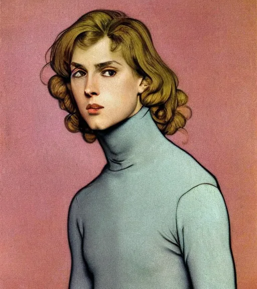 Prompt: clean cel shaded art of a pale androgynous blond young man Lucius, long fluffy curly blond hair, light platinum long blond hair, wearing a black turtleneck sweater, Alexandre Cabanel, norman rockwell, peter paul rubens, maler collier, frank frazetta, alphonse mucha, gustav klimt 4k, unreal 5, DAZ, french noveau, trending on artstation, octane render, hyperrealistic