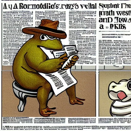 Image similar to a toad on the toilet reads a newspaper in a hat and smokes a pipe 4 k full nd, hyperrealism