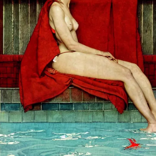 Image similar to a red dragon wearing a bathrobe in a spa, by Norman Rockwell