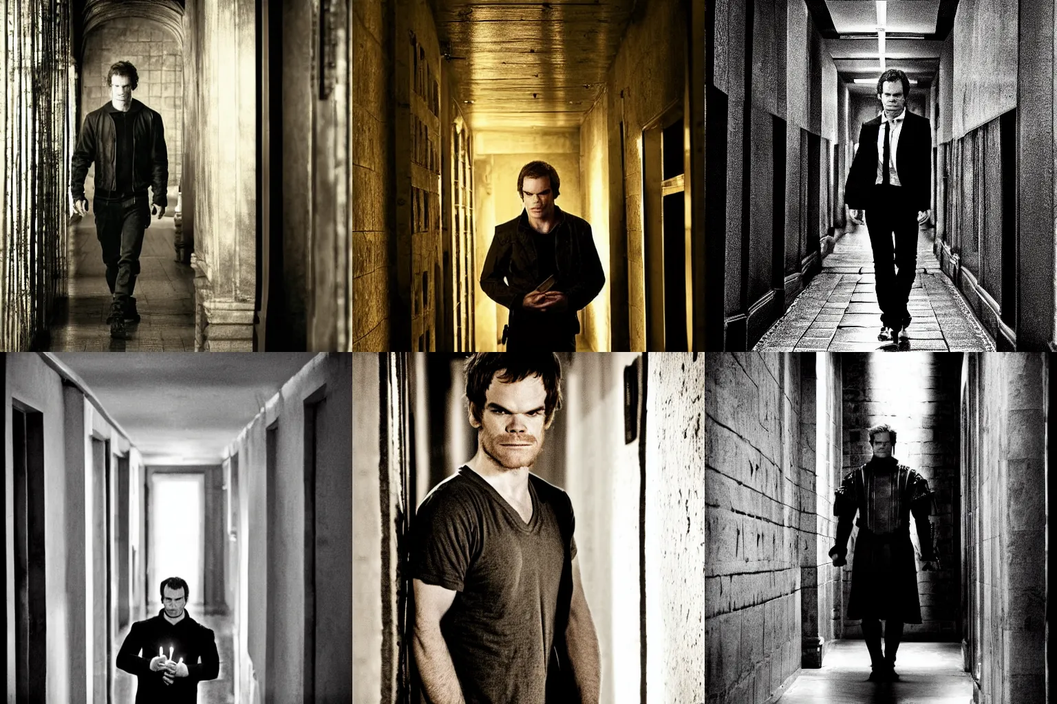 Prompt: michael c hall in a hallway, medieval, high contrast, highly detailed, candlelight