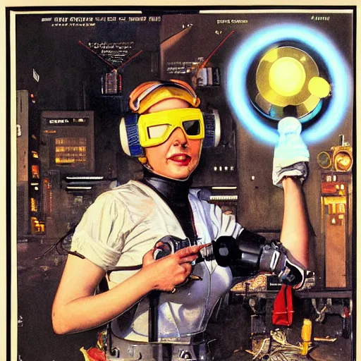 Image similar to portrait of a cyberpunk woman with helmet and glowing goggles, by norman rockwell