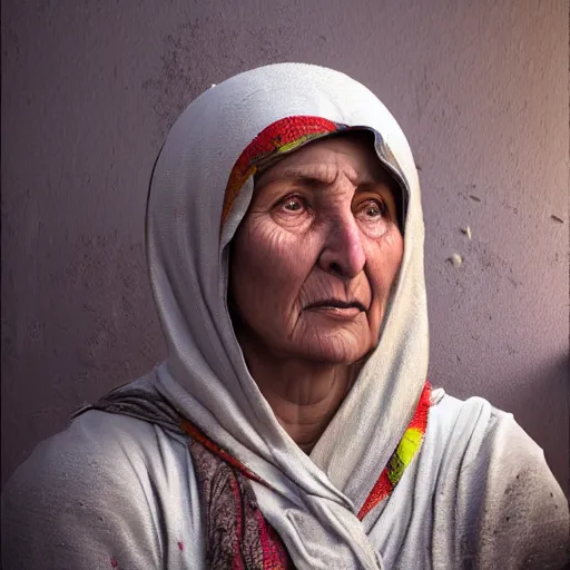 Image similar to hyperrealistic mixed media high resolution image of a beautiful Kurdish grandmother, stunning 3d render inspired art by István Sándorfi and Greg Rutkowski and Unreal Engine, perfect symmetry, dim volumetric lighting, 8k octane beautifully detailed render, post-processing, extremely hyper-detailed, intricate, epic composition, highly detailed attributes, highly detailed atmosphere, full body shot, cinematic lighting, masterpiece, trending on artstation, very very detailed, masterpiece, stunning, flawless structure, lifelike texture, perfection,