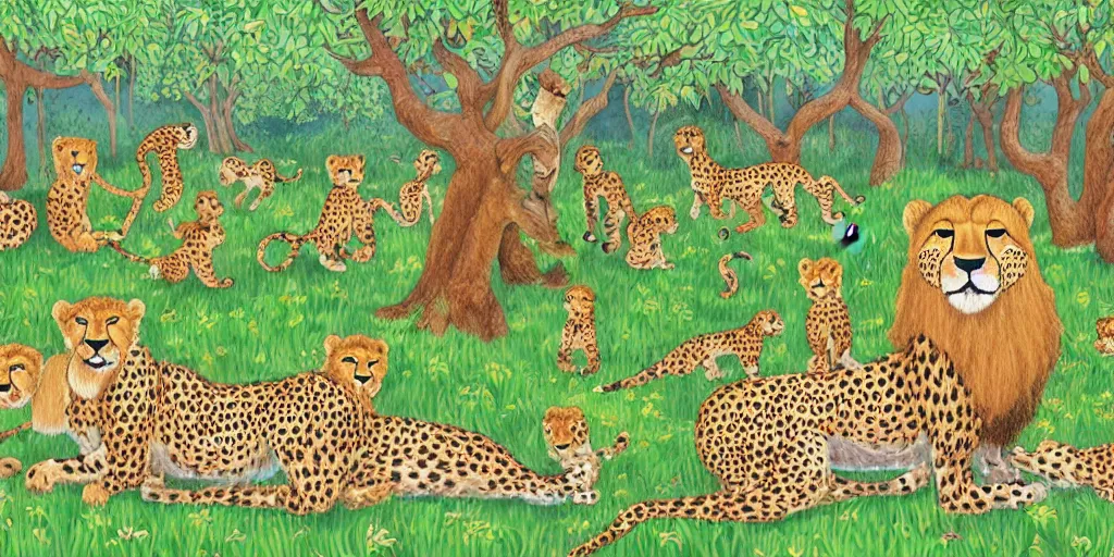 Prompt: whole family of cheetah and lion in happy forest , huge scale, high detail, intricate by Axel Scheffler