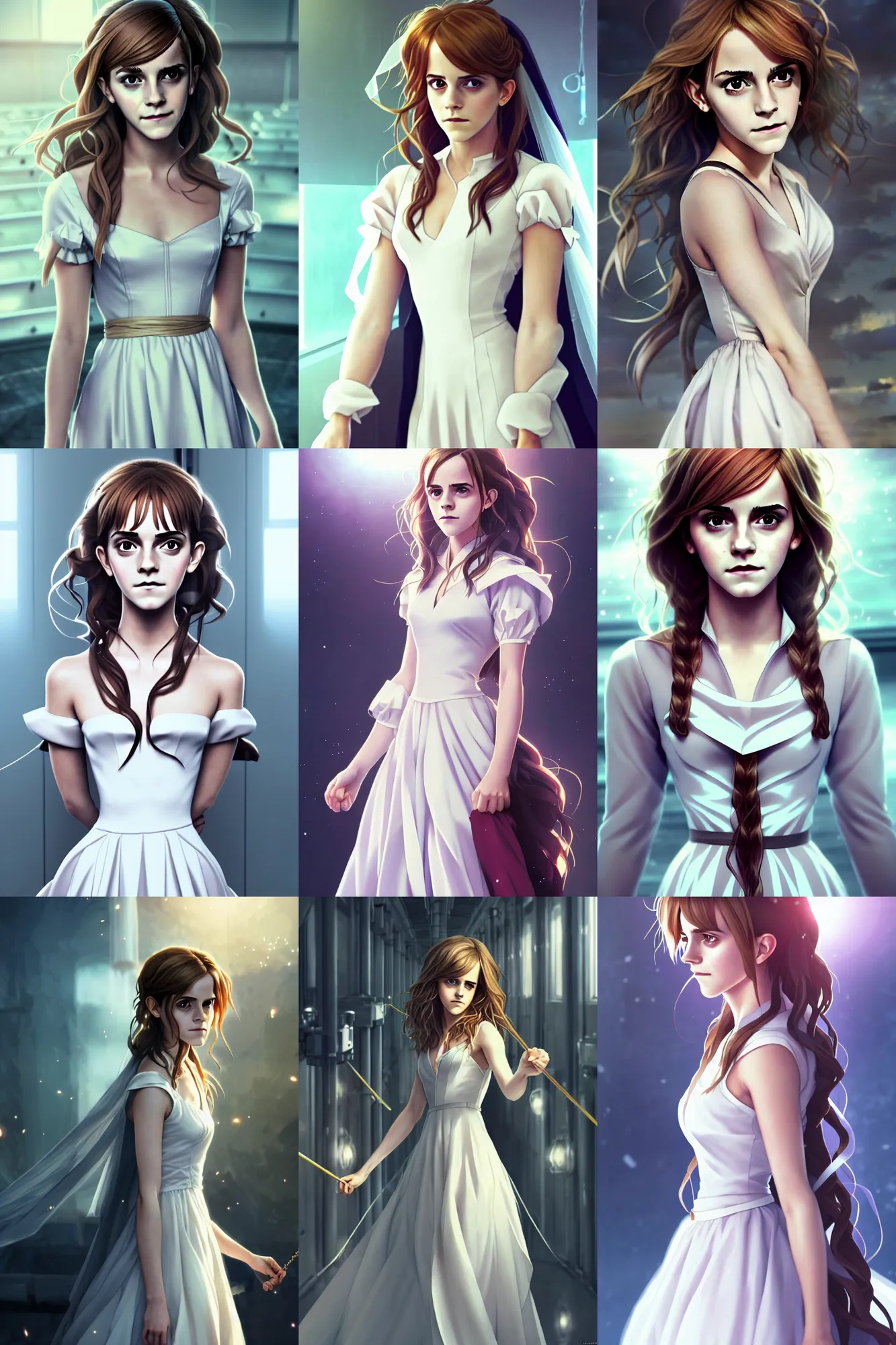 Prompt: emma watson act as hermione in a wedding dress, standing inside a research facility, beautiful face, long wavy hair, character art, anime key visual, official media, illustrated by wlop, extremely detailed, unreral engine, trending on artstation, cinematic lighting, beautiful body