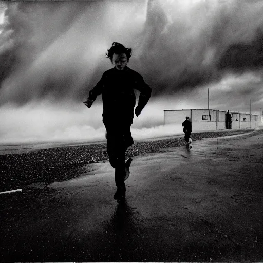 Image similar to man running from the stormy clouds by Trent Parke, clean, detailed, Magnum photos