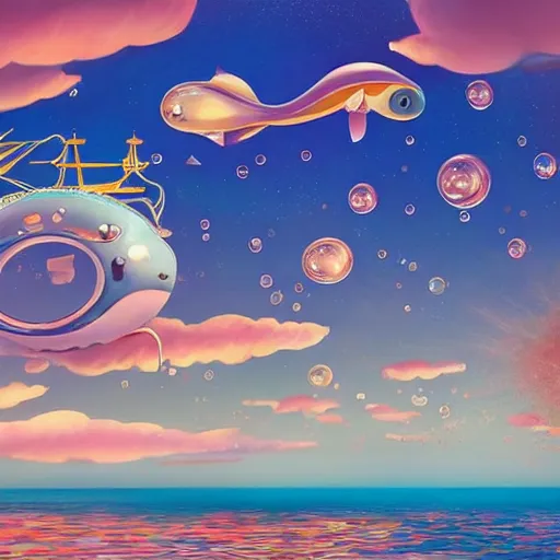 Prompt: a sailing ship in the sea with bubbles floating and a whale in the sky by takashi murakami,, beeple and james jean, aya takano color style, 4 k, super detailed, night sky, digital art, digital painting, celestial, majestic, colorful