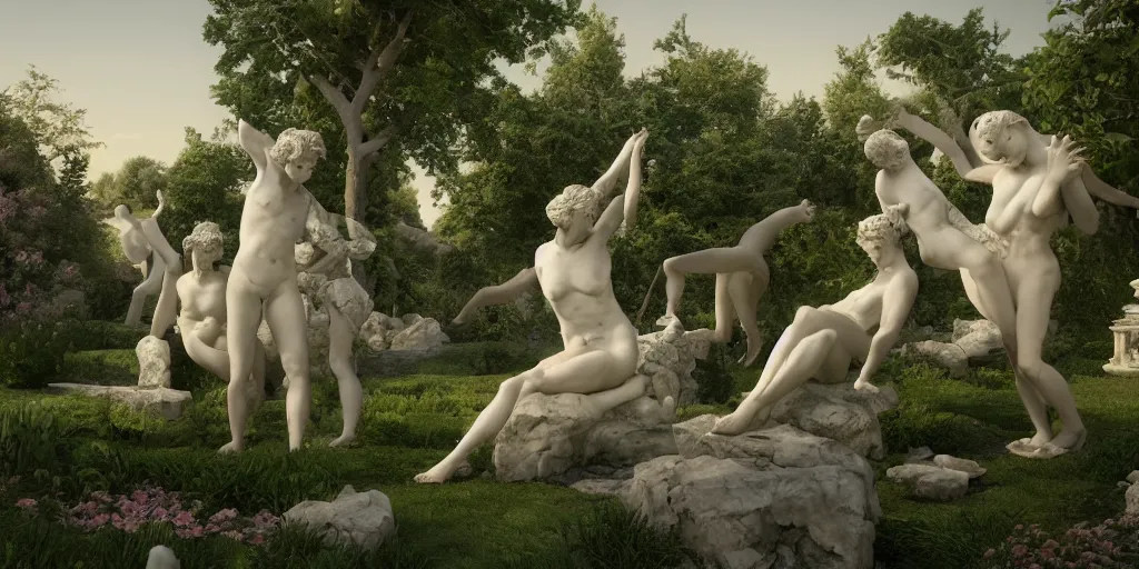 Prompt: Garden Utopia, surrealism, outside, high detailed beautiful Greek marble statues, mind puzzles, intricate artwork by caravaggio. Trending on artstation, octane render, cinematic lighting from the right, hyper realism, octane render, 8k, depth of field, 3D