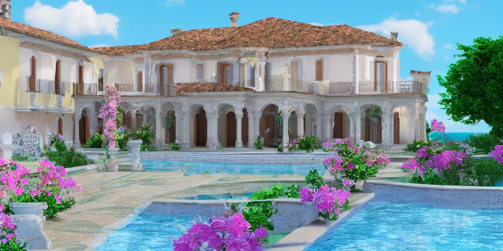 Prompt: 3D render of an Italian villa with an ice cream scoop as the roof, pastel colors, 8k, hd, bloom effect