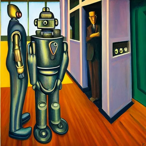 Image similar to people in robot suits, pj crook, edward hopper, oil on canvas