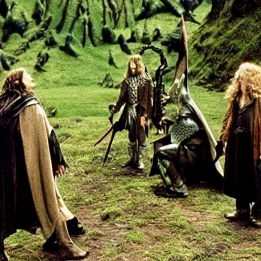 Image similar to movie film still scene, lord of the rings with frog heads