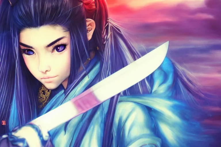 Image similar to highly detailed beautiful photo of madison beer as a young female samurai, practising her sword staces, symmetrical face, beautiful eyes, cobalt blue hair, realistic anime art style, 8 k, award winning photo, pastels colours, action photography, 1 / 1 2 5 shutter speed, sunrise lighting