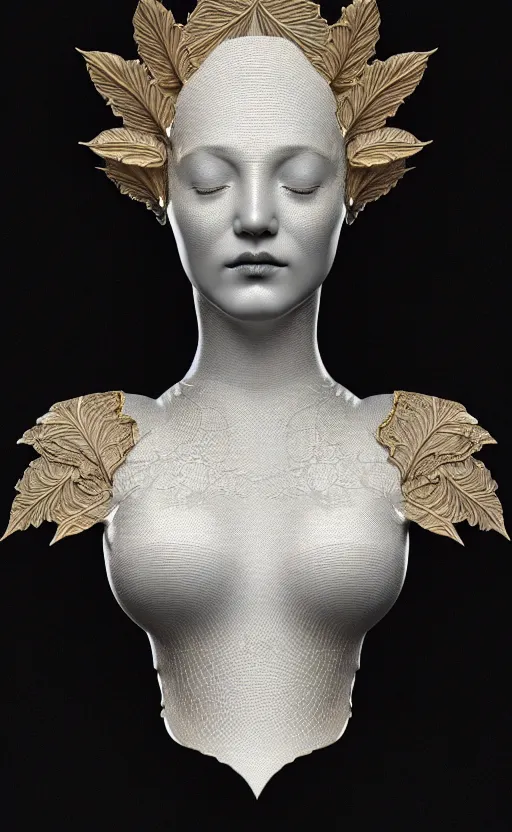 Image similar to [ [ [ tintype ] ] ] 3 d render of a beautiful porcelain profile woman face, vegetal dragon cyborg, rim light, silver gold details, magnolia leaves and stems, roots, fine lace, mandelbot fractal, anatomical, elegant, ultra detailed, white metallic armour, octane render, black and white, h. r. giger style