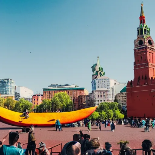 Image similar to photo of giant mango on red square, super wide shot, bokeh