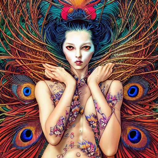 Prompt: portrait of crazy peacock girl, symmetrical, by yoichi hatakenaka, masamune shirow, josan gonzales and dan mumford, ayami kojima, takato yamamoto, barclay shaw, karol bak, yukito kishiro