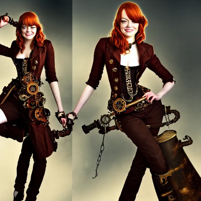 Image similar to full body photograph of emma stone as a steampunk pirate. Extremely detailed. 8k