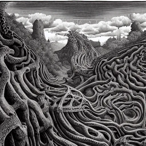 Image similar to intricate, detailed painting of Caelid landscape and its monsters by MC Escher, concept art, illustration