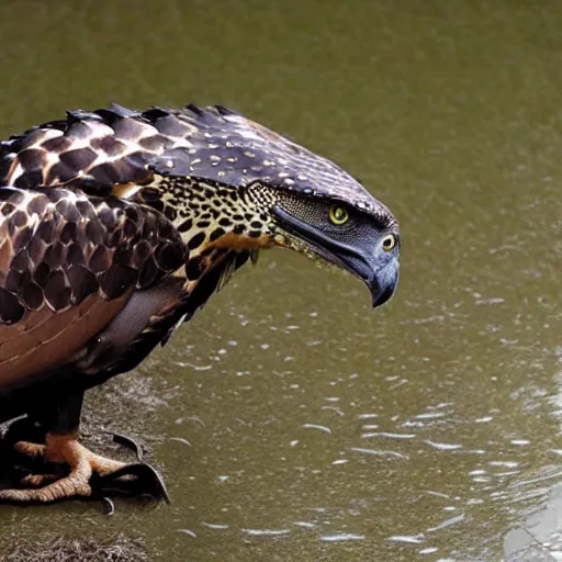 Image similar to hawk and crocodile morphed together, half crocodile, half hawk, real picture taken in zoo