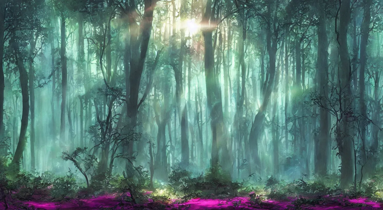 Prompt: forest mist sun beams mysterious scary deep dark hyper realistic detailed illustration by jack kirby concept art graphic novel matte painting magenta teal