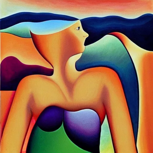 Image similar to woman as the natural landscape, her curves form the mountains and rivers of the land , high quality art in the style of cubism and georgia o’keefe,