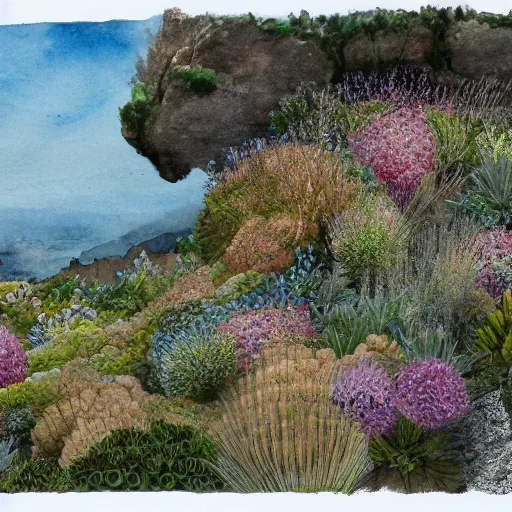 Image similar to delicate coastline mountain garden on paper, stony, puffy, botanical herbarium, botanic watercolors, iridescent, 8 k wide angle, realistic shaded, fine details, artstation, italian, colonnade, oak tree, pinecone, pomegranade, hydrangea, vines, gardena architecture, pompeian, sicilian