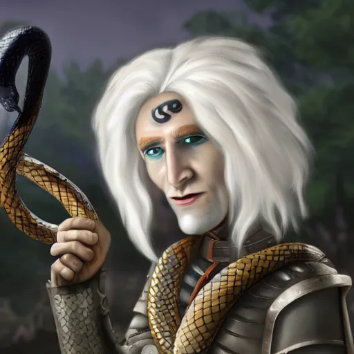 Image similar to a white haired snake soldier with a snake head, fantasy, 4 k, inspired by pixar