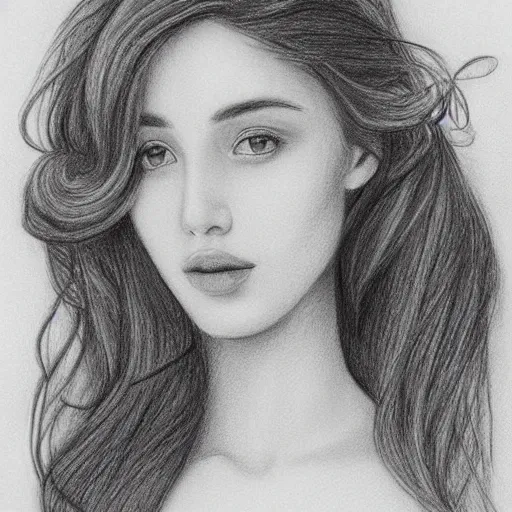 Prompt: pencil sketch, portrait, beautiful, thin lips, thin face, long wavy hair