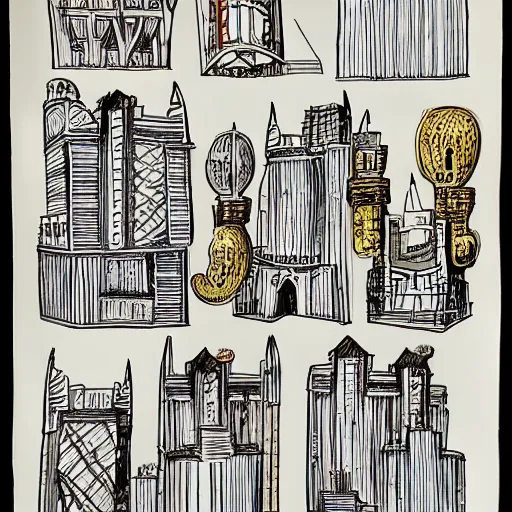 Prompt: buildings, illustration by dr seuss, with towers, bridges, stairs