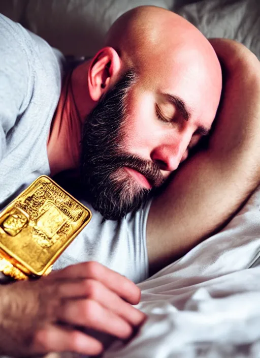 Prompt: bald man with beard sleeping peacefully in a comfortable bed next to an open safe full of shiny gold bars and money. award winning photography. photorealistic.