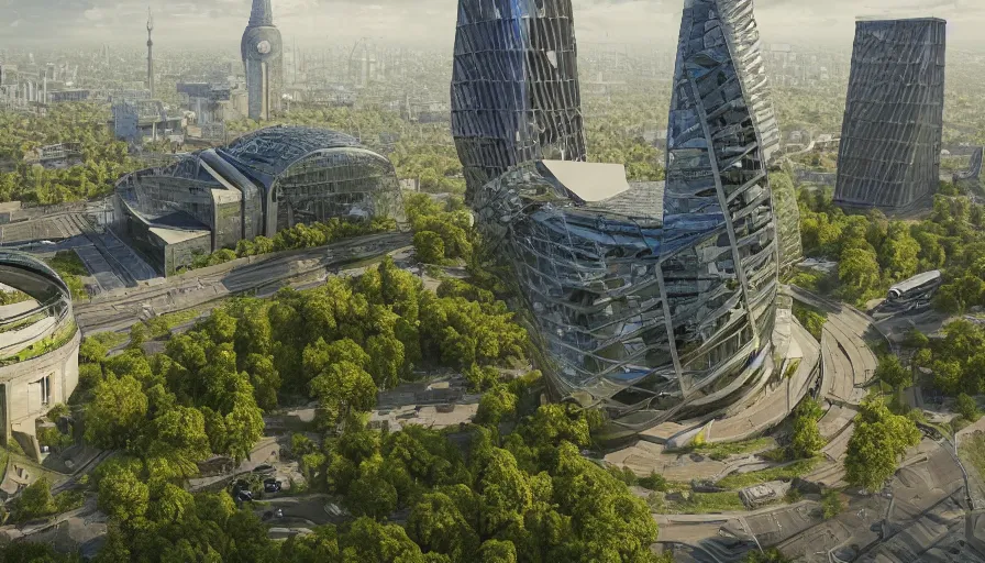 Prompt: futuristic berlin with huge reichstag building with glass dome on the top, huge green alley with trees, large concrete buidlings around it, glass towers, hyperdetailed, artstation, cgsociety, 8 k