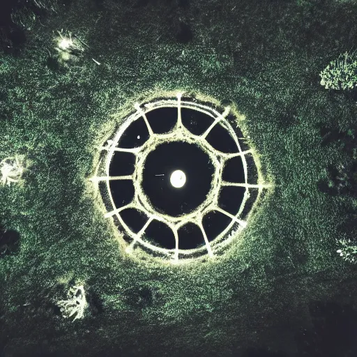 Prompt: ancient demon summoning, magic, shot from drone, witchcraft, night, bright lights, circle, symmetry, screenshot