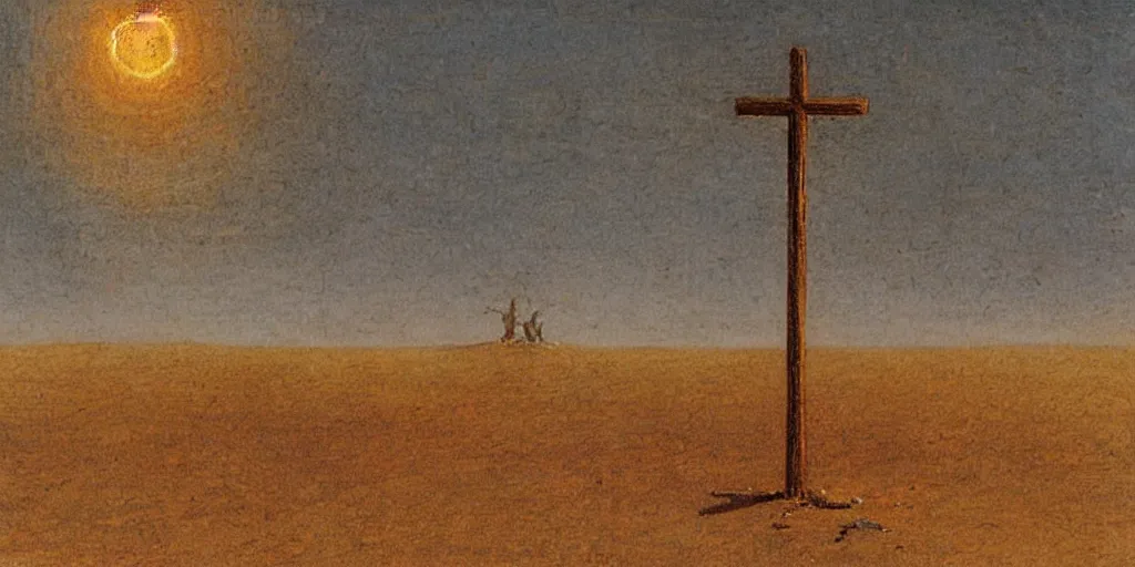 Prompt: A burning cross in the middle of the desert drawn by Caspar David Friedrich, dune, highly detailed