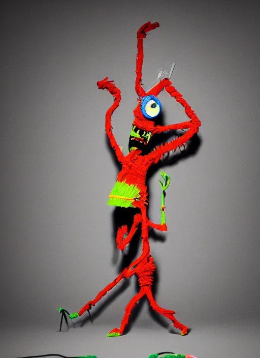 Image similar to closet full of monsters made out of pipecleaners in the style of Jean-Michel Basquiat, 3D cinematic lighting, spotlight at a 90 DEGREE ANGLE, photorealism, octane render, depth of field, 8k, 35mm, artgem, Trending on artstation